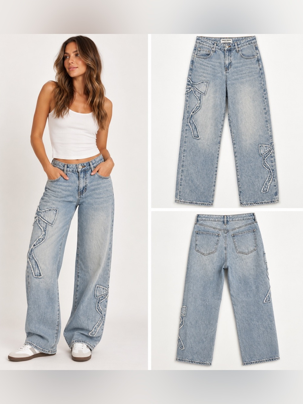 Ashley Mason Premium Bow Appliqué Wide Leg Jeans Light Wash 11/30 Coquette